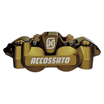 Gold anodized finish.
108mm mounting distance.
Aluminum pistons.
4x ST (Standard sintered) brake pads per caliper.
Complete with Standard brake pads.
Accossato Monobloc Forged Radial Brake Calipers are engineered for riders that demand maximum performance and precision. Comes complete with 4x ST (Standard sintered) brake pad set. Manufactured from high-quality CNC machined forged aluminum, this caliper combines strength with a rigid lightweight construction to deliver exceptional braking control and reliability. Each caliper is designed to maximize braking efficiency and handling. Each caliper is also checked and tested before it it leaves the factory. This makes an Accossato caliper an excellent choice for riders that demand top-level technology paired with uncompromised quality.