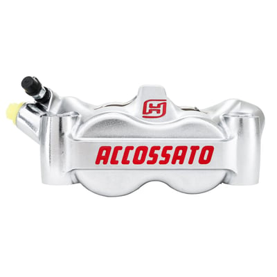 Silver nickel plated finish. 
100mm mounting distance. 
Aluminum pistons. 
4x ST (Standard sintered) brake pads per caliper. 
Complete with Standard brake pads. 
Accossato Monobloc Forged Radial Brake Calipers are engineered for riders that demand maximum performance and precision. Comes complete with 4x ST (Standard sintered) brake pad set. Manufactured from high-quality CNC machined forged aluminum, this caliper combines strength with a rigid lightweight construction to deliver exceptional braking control and reliability. Each caliper is designed to maximize braking efficiency and handling. Each caliper is also checked and tested before it it leaves the factory. This makes an Accossato caliper an excellent choice for riders that demand top-level technology paired with uncompromised quality. 