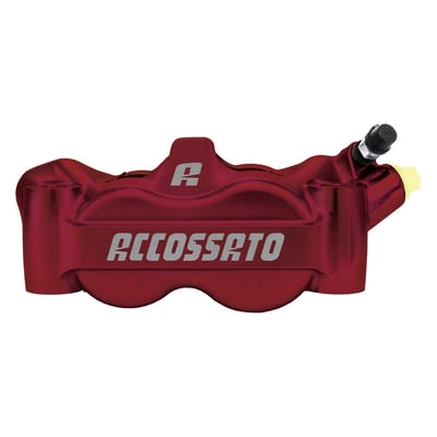 Red anodized finish. 
100mm mounting distance. 
Aluminum pistons. 
4x ST (Standard sintered) brake pads per caliper. 
Complete with Standard brake pads. 
Accossato Monobloc Forged Radial Brake Calipers are engineered for riders that demand maximum performance and precision. Comes complete with 4x ST (Standard sintered) brake pad set. Manufactured from high-quality CNC machined forged aluminum, this caliper combines strength with a rigid lightweight construction to deliver exceptional braking control and reliability. Each caliper is designed to maximize braking efficiency and handling. Each caliper is also checked and tested before it it leaves the factory. This makes an Accossato caliper an excellent choice for riders that demand top-level technology paired with uncompromised quality. 