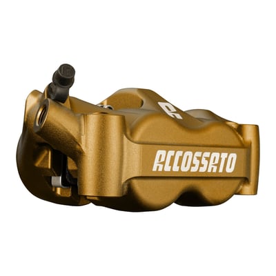 Gold anodized finish. 
100mm mounting distance. 
Aluminum pistons. 
4x ST (Standard sintered) brake pads per caliper. 
Complete with Standard brake pads. 
Accossato Monobloc Forged Radial Brake Calipers are engineered for riders that demand maximum performance and precision. Comes complete with 4x ST (Standard sintered) brake pad set. Manufactured from high-quality CNC machined forged aluminum, this caliper combines strength with a rigid lightweight construction to deliver exceptional braking control and reliability. Each caliper is designed to maximize braking efficiency and handling. Each caliper is also checked and tested before it it leaves the factory. This makes an Accossato caliper an excellent choice for riders that demand top-level technology paired with uncompromised quality. 