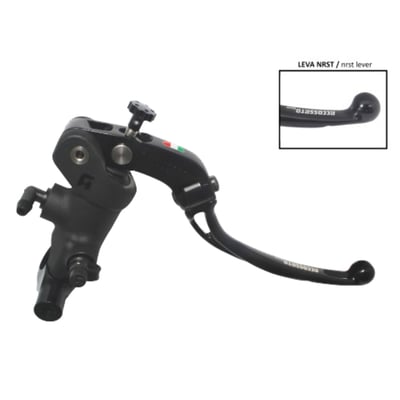 Black master cylinder / Black lever, adjusting knob and reservoir cover.
Folding lever without RST (Racing Short), so without eyelet for weight reduction.
Designed for the shortest passive stroke, in other words; The 'free-space' between pulling the brake lever and actual braking is reduced by over 50%, when compared to other radial brake master cylinders, making this master cylinder the most "Ready to Brake" handlebar master cylinder ever. 19mm distance for mixed track/street use. Designed for reduced weight but still remain excellent rigidity, strength and brake control. The bracket is slightly offset to further enhance rigidity while braking. Made of forged CNC aluminum for precision with an aesthetic and durable black anodized finish, sure to enhance the bike's overall appearance. The master cylinder is always black and the adjusting knob and the cover of the reservoir are the same color as the lever and can be had in black or in various anodized colors.
- For use with 1" diameter handlebars
- 19mm piston diameter
- For dual disc models
- Non adjustable 19mm distance for track/street use
- M10x1 threaded for brake hose
- Zinc plated steel bleed valve
- Stainless steel hardware
- Brake light switch is separately available as 720988
- Formula 1 compound rubber seals.
Note: Fluid reservoir must be purchased separately. See Accossato's billet aluminum 717630 (horizontal fluid outlet) or 717679 (vertical fluid outlet) 25cc fluid reservoirs.