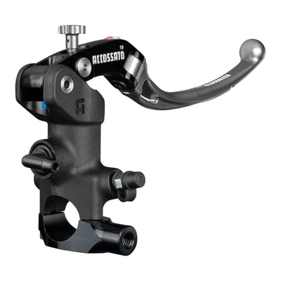 Black master cylinder / silver lever, adjusting knob and reservoir cover. 
Folding lever without RST (Racing Short), so without eyelet for weight reduction. 
Designed for the shortest passive stroke, in other words; The 'free-space' between pulling the brake lever and  actual braking is reduced by over 50%, when compared to other radial brake master cylinders, making this master cylinder the most "Ready to Brake" handlebar master cylinder ever. 19mm distance for mixed track/street use. Designed for reduced weight but still remain excellent rigidity, strength and brake control. The bracket is slightly offset to further enhance rigidity while braking. Made of forged CNC aluminum for precision with an aesthetic and durable black anodized finish, sure to enhance the bike's overall appearance. The master cylinder is always black and the adjusting knob and the cover of the reservoir are the same color as the lever and can be had in black or in various anodized colors. 
- For use with 1" diameter handlebars 
- 19mm piston diameter 
- For dual disc models 
- Non adjustable 19mm distance for track/street use 
- M10x1 threaded for brake hose 
- Zinc plated steel bleed valve 
- Stainless steel hardware 
- Brake light switch is separately available as 720988 
- Formula 1 compound rubber seals. 
Note: Fluid reservoir must be purchased separately. See Accossato's billet aluminum 717630 (horizontal fluid outlet) or 717679 (vertical fluid outlet) 25cc fluid reservoirs.