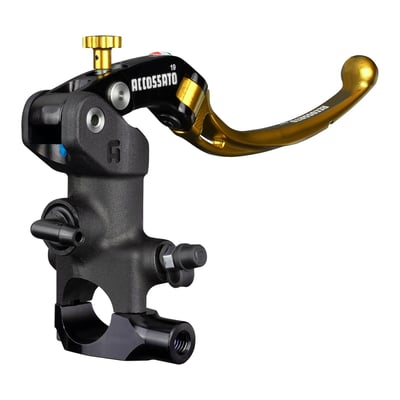 Black master cylinder / gold lever, adjusting knob and reservoir cover.
Folding lever without RST (Racing Short), so without eyelet for weight reduction.
Designed for the shortest passive stroke, in other words; The 'free-space' between pulling the brake lever and actual braking is reduced by over 50%, when compared to other radial brake master cylinders, making this master cylinder the most "Ready to Brake" handlebar master cylinder ever. 19mm distance for mixed track/street use. Designed for reduced weight but still remain excellent rigidity, strength and brake control. The bracket is slightly offset to further enhance rigidity while braking. Made of forged CNC aluminum for precision with an aesthetic and durable black anodized finish, sure to enhance the bike's overall appearance. The master cylinder is always black and the adjusting knob and the cover of the reservoir are the same color as the lever and can be had in black or in various anodized colors.
- For use with 1" diameter handlebars
- 19mm piston diameter
- For dual disc models
- Non adjustable 19mm distance for track/street use
- M10x1 threaded for brake hose
- Zinc plated steel bleed valve
- Stainless steel hardware
- Brake light switch is separately available as 720988
- Formula 1 compound rubber seals.
Note: Fluid reservoir must be purchased separately. See Accossato's billet aluminum 717630 (horizontal fluid outlet) or 717679 (vertical fluid outlet) 25cc fluid reservoirs.