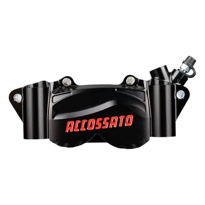 Black anodized finish.
108mm mounting distance, 30mm offset
The shape of the 2-piece PZ011 radial caliper was designed with CAD research in order to obtain the lightest weight, the best rigidity of the body and the best heat loss capacity. During the machining, the body of the caliper is 100% controlled by the three-dimensional lab machines. The reduced dimensions allow mounting versatility and distinguishes it from the other calipers. Each caliper is designed to maximize braking efficiency and handling. Each caliper is also checked and tested before it it leaves the factory. This makes an Accossato caliper an excellent choice for riders that demand top-level technology paired with uncompromised quality.
- 2-piece caliper CNC billet aluminum
- 30mm offset
- 100mm mounts
- 4-piston differential bore caliper
- With 34mm and 38 mm diameter pistons
- With dust seal
- Compatible with DOT 4 brake fluid
- Complete with 2x ST (Standard sintered) brake pads
- With Standard brake pad, a sintered compound for a high and constant grip level at both high and low temperatures it offers good grip in either wet or dry circumstances.