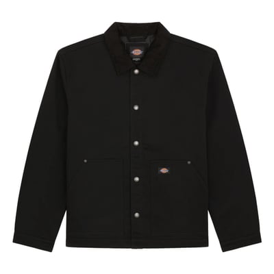 The Dickies Union Barn jacket is a relaxed fit lined coach jacket. Made out of a durable, 8.3oz poly-cotton blend with stain release, this jacket features corduroy
collar, front patch pockets with angled entry and metal rivets, center snap closures, inside onion quilting, large embroidered Dickies icon outline logo
embroidered on the back, and iconic woven Dickies label on patch pocket. A classic jacket with authentic Dickies construction.

• 65% polyester / 35% cotton
• 8.3oz poly-cotton blend