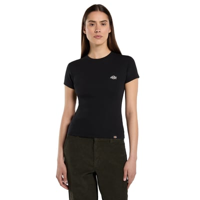 The Dickies Gladeville female t-shirt is a slim fit short sleeved t-shirt. Made with BCI cotton with added elastane for stretch and comfort, featuring small embroidered Dickies logo on the left chest, and iconic woven Dickies label in the side seam. A clean, short sleeved T for daily wear.

• Slim fit
• 94% BCI cotton / 6% elastane