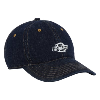 The Dickies Denim cap is a dad style curved peak cap with authentic Dickies detail and fabrication. Made with denim cotton twill, and featuring contrast  embroidered logo and fabric back closure.