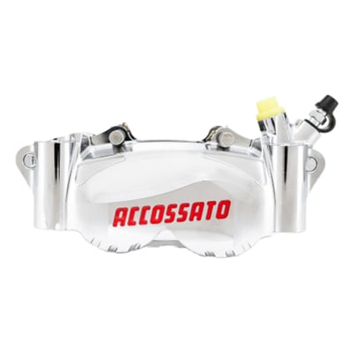 Silver nickel plated finish.
108mm mounting distance, 22.5mm offset.
The shape of the 2-piece PZ012 radial caliper was designed with CAD research in order to obtain the lightest weight, the best rigidity of the body and the best heat loss capacity. During the machining, the body of the caliper is 100% controlled by the three-dimensional lab machines. The reduced dimensions allow mounting versatility and distinguishes it from the other calipers. Each caliper is designed to maximize braking efficiency and handling. Each caliper is also checked and tested before it it leaves the factory. This makes an Accossato caliper an excellent choice for riders that demand top-level technology paired with uncompromised quality.
- 2-piece caliper CNC billet aluminum
- 22.5mm offset
- 108mm mounts
- 4-piston differential bore caliper
- With 34mm and 38 mm diameter pistons
- With dust seal
- Compatible with DOT 4 brake fluid
- Complete with 2x ST (Standard sintered) brake pads
- With Standard brake pad, a sintered compound for a high and constant grip level at both high and low temperatures it offers good grip in either wet or dry circumstances.