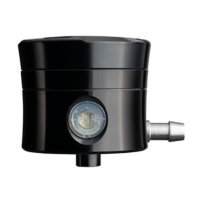 - Black anodized finish
- Horizontal brake fluid outlet
- With a straight mounting bracket
- CNC-machined aluminum
- 25 cc capacity
- Used in custom applications were an all-in-one style rear master cylinder is not the right solution