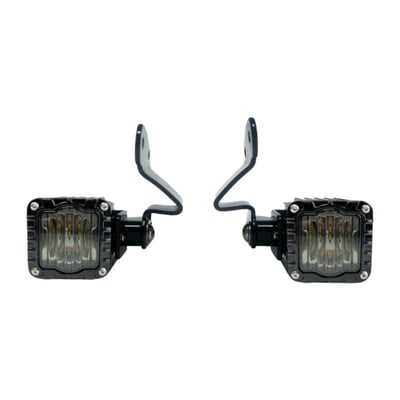 Dual intensity yellow running light with full contrast DOT compliant yellow turn signal. Yellow faceted lens. 
High performance LED front turn signal assembly to replace the OEM turn signal with an aggressive styled housing in a gloss black finish. Units are equipped with plug & play JAE connector for quick and simple 100% plug and play installation. Bolts directly to your Road Glide’s inner fairing using the provided hardware. 
- Faceted lens offers dual intensity running light 
- Front facing turn signal assembly to replace the OEM turn signals 
- High performance LED 
- Aggressive fin-styled housing 
- Decorative metal rivets complete the look with a rugged, industrial appeal 
- Gloss black finish 
- Plug and play JAE connector for quick and simple 100% plug and play installation 
- Housing dimensions: 2.08” (50mm) long x 2.08” (50mm) high x 1.78” (45mm) deep
Note: No ECE approval.