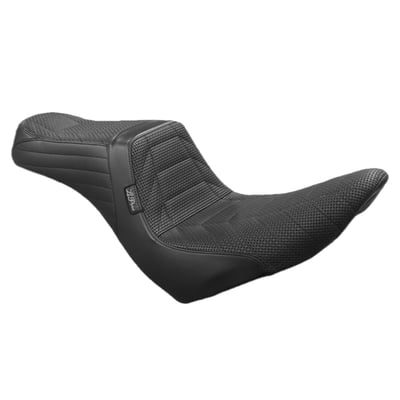12.5" wide rider seat area with 6.5" of back support. 7" wide passenger seat area. Track Pleated stitch pattern. 
The whipped tail improves passenger lower back support. That, combined with the unrivalled 6.5" high arching back support for the rider, makes the Tailwhip a serious in contender when it comes to a great mix of style and comfort. This 'Daddy Long Legs' version comes with the seating area positioned 2 inches (51mm) further backward to accommodate the longer legs of taller riders. Built with LePera's high-density marathon foam filling on a 16-gauge black powder coated steel baseplate for long lasting excellence.