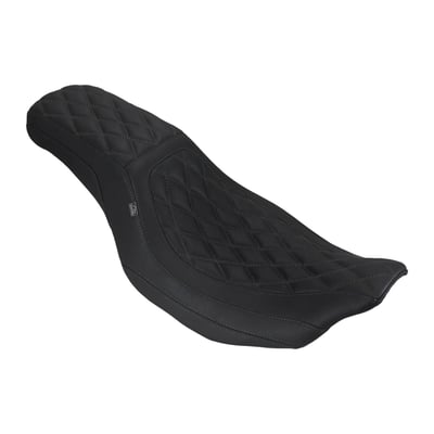 11" wide, low-profile bucket designed for optimal touring posture, with a 4" rise at the rear to provide crucial lower back support over long distances. With a seat height of approximately 27.5" from the ground, it offers a confident stance for riders while maintaining ergonomic efficiency for extended time in the saddle.  with Black Threads.