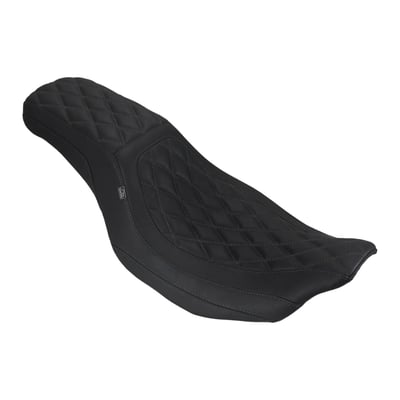 11" wide, low-profile bucket designed for optimal touring posture, with a 4" rise at the rear to provide crucial lower back support over long distances. With a seat height of approximately 27.5" from the ground, it offers a confident stance for riders while maintaining ergonomic efficiency for extended time in the saddle. with Dark Cherry threads.