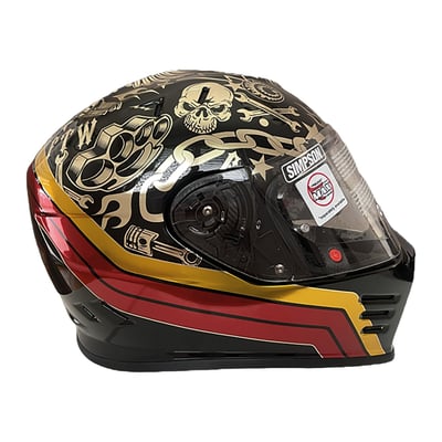 The Simpson Venom is a full-face helmet with a sharp aggressive look, which at the same time offers a lot of comfort. The ultra-light but very strong outer shell of the helmet is made of in Tri-composite blend, compound of carbon, Kevlar and fiberglass. The inner lining is removable and washable. The shell has been aerodynamically tuned for motorcycle riding, and is fully ventilated for maximum airflow. The helmet has a scratch-resistant and anti-fog visor and the integrated sun visor also protects you against a low-hanging, blinding sun. The Venom is prepared for a Bluetooth headset, double-D chin strap closure and the helmet is ECE 22.06 approved. Get ready to turn heads with the Simpson Venom Helmet, a perfect blend of aggressive design and cutting-edge technology. This helmet is built for riders who demand both safety and standout style on the road.

• Advanced Shell Construction: Made from durable materials to ensure maximum protection and longevity
• Strategically placed vents promote airflow, keeping you cool and comfortable during your ride
• Wide Visor: Experience an expanded field of vision with a crystal-clear visor that enhances visibility and reduces distortion
• Quick-Release Shield Mechanism
• Soft, hypoallergenic liner that is fully removable and washable, ensuring comfort ride after ride
• Designed for easy installation of communication systems, keeping you connected on the road
• The Double D-Ring closure provides a snug and secure fit for every adventure

