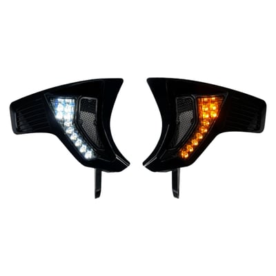 With dual-color (amber turn & white run) smoked lens version with bright white LEDs for constant running light and dynamic amber LEDs for turn signals. 
DOT-compliant. 
Premium integrated LED illuminated front turn signal vents, designed to replace the non-illuminated vented speed plates in the Custom Dynamics Shark Demon® 2 Road Glide head lamp kit MCS 720025 or MCS 720026 only, which are sold separately. These turn signal vents will not fit stock or any other aftermarket headlamp kit. 
Features a gloss black assembly with bold, race-inspired fin styling, decorative mesh with a modern look and enhanced safety. Factory air flow is retained. 
- Decorative mesh 
- Bolt on installation 
- Plug & Play. 
Note: Compatible with Shark Demon® kits MCS 720025 or MCS 720026 only and is not compatible with any other stock or aftermarket LED headlamp kit. 
