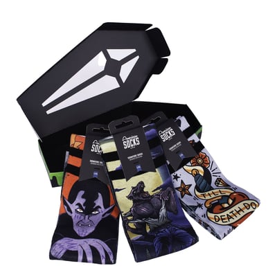 The Sock Gift Boxes from American Socks are more than just socks in a box. Each set comes with 3 pairs of our best crew socks designs, created in collaboration with artists. From a skateboard-shaped box to a coffin with Dracula or a guitar amp, every gift set is as unique as what’s inside. Perfect as a birthday present or just because you can, the sock gift boxes are unisex and made to thrill skaters, surfers, gamers, music fans and anyone into tattoo designs. Find your perfect gift box and surprise someone you care about with socks that truly speak their language.

• Mid High Length - Half-way of your lower leg
• Two Sizes for a Perfect Fit or one size fits most
• Designed for Action and Comfort
• Moisture-Wicking Technology to keep your feet cool and dry
• 67% Coolmax®, 17% Polyamide, 10% Cotton, 5% Elastane
• Machine Wash at 30ºC/86ºF. Do not Tumble Dry, Bleach or Iron
