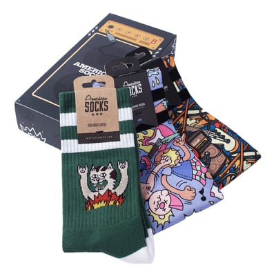 The Sock Gift Boxes from American Socks are more than just socks in a box. Each set comes with 3 pairs of our best crew socks designs, created in collaboration with artists. From a skateboard-shaped box to a coffin with Dracula or a guitar amp, every gift set is as unique as what’s inside. Perfect as a birthday present or just because you can, the sock gift boxes are unisex and made to thrill skaters, surfers, gamers, music fans and anyone into tattoo designs. Find your perfect gift box and surprise someone you care about with socks that truly speak their language.

• Mid High Length - Half-way of your lower leg
• Two Sizes for a Perfect Fit or one size fits most
• Designed for Action and Comfort
• Moisture-Wicking Technology to keep your feet cool and dry
• 67% Coolmax®, 17% Polyamide, 10% Cotton, 5% Elastane
• Machine Wash at 30ºC/86ºF. Do not Tumble Dry, Bleach or Iron
