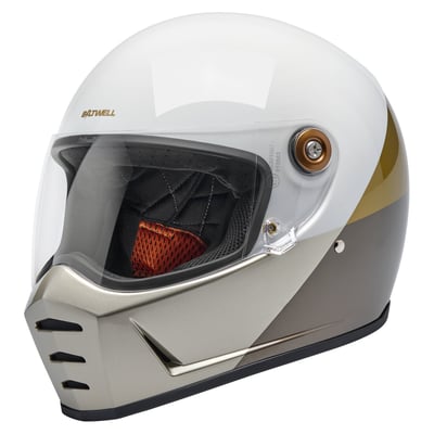 Progressively styled and rigorously tested, the Biltwell Lane Splitter, ECE 06 and DOT approved, helmet is a top choice for riders who demand comfort and high performance. The aggressive looking lines of this helmet truly set it apart in the retro-styled helmet market. Features include a rugged ABS outer shell with hand-painted finish, ventilated and shock-absorbing EPS safety liner with gorgeous hand-stitched interior padding, removable cheek pads, clear anti-fog and anti-scratch CE-certified shield. Also the Lane Splitter contains audio communication pockets in ear recesses, Double-D chin strap lock mechanism and chin bar vents and venturi vent for ample airflow.