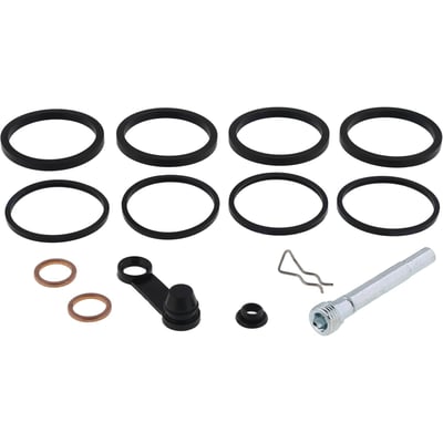 Kit for rebuild service of the rear brake caliper. (Kit without pistons)
- Improves brake feel and restores lost brake performance, with a proper brake bleed
- Decreases risk of seized or leaking brake caliper pistons
- Gives new life to the caliper by replacing deteriorated rubber parts
- Includes as applicable: boots, seals, bleeder cap, brake pad retaining pins and copper washers