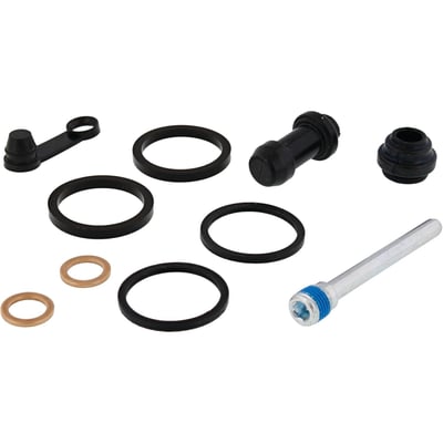 Brake caliper rebuild kit. (Kit without pistons)
- Improves brake feel and restores lost brake performance, with a proper brake bleed
- Decreases risk of seized or leaking brake caliper pistons
- Gives new life to the caliper by replacing deteriorated rubber parts
- Includes as applicable: boots, seals, bleeder cap, brake pad retaining pins and copper washers