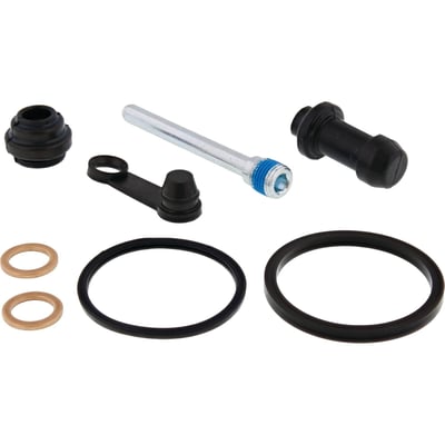 Kit for rebuild service of the rear brake caliper. (Kit without pistons). 
- Improves brake feel and restores lost brake performance, with a proper brake bleed
- Decreases risk of seized or leaking brake caliper pistons
- Gives new life to the caliper by replacing deteriorated rubber parts
- Includes as applicable: boots, seals, bleeder cap, brake pad retaining pins and copper washers