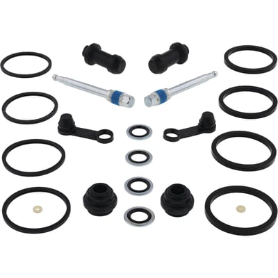 Brake caliper rebuild kit. (Kit without pistons). 
- Improves brake feel and restores lost brake performance, with a proper brake bleed
- Decreases risk of seized or leaking brake caliper pistons
- Gives new life to the caliper by replacing deteriorated rubber parts
- Includes as applicable: boots, seals, bleeder cap, brake pad retaining pins and copper washers