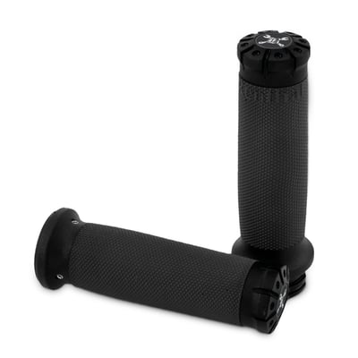 Black CNC machined billet aluminum. These handlebar grips come with a Contrast Cut Burly Brand Hawk logo machined into the black grip end. 