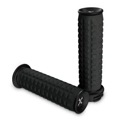 Black CNC machined billet aluminum. These handlebar grips come with a clear Contrast Cut Burly Brand Hawk logo machined into the black material. 