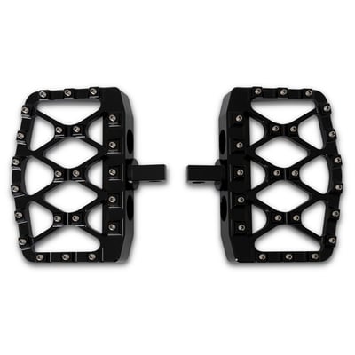 Satin black powder coated lightweight aluminum alloy floorboards. CNC machined, proudly showing the Burly brand laser engraved logo. The serrated surface, with no-slip set screws, offers a bite that makes these boards offer unsurpassed grip for easy-riding in any standard to extreme situation. 