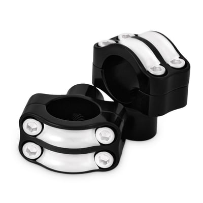 CNC billet aluminum construction. Black Contrast Machined finish.
For handlebars with a 1-1/4" (32mm) clamping diameter.
With a two-piece 8-bolt clamping system (8 bolts for 2 risers). Designed to provide additional clamping force to help prevent handlebars rotating in the risers. This additional 'torque resistance' is especially useful with higher handlebars.
12-13 threaded. With a low 1.5" (3.8cm) rise and designed to give ultimate strength. Complete with stainless top clamp bolts.