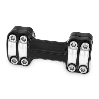 CNC billet aluminum construction. Black Contrast Machined finish. 
For handlebars with a 1" (25.4mm) clamping diameter. 
With a one-piece top clamp with a 8-bolt clamping system. Fit models with 3.5" center to center triple tree mount holes. The one-piece top clamps combined with the 8-bolt clamping force is a great set-up for to help combat riser twisting forces with wide bars and help prevent handlebars rotating in the risers. This additional 'torque & twist resistance' is great for higher and wider handlebars. 
12-13 threaded. With a low 1.5" (3.8cm) rise and designed to give ultimate strength. Complete with stainless top clamp bolts. 