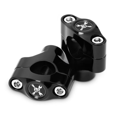 Black with Burly Brand Hawk logo. 
CNC billet aluminum construction. 
For handlebars with a 1" (25.4mm) clamping diameter. 
With a two-piece top clamp with a 4-bolt clamping system (4 bolts for 2 risers). A slim construction and perfect for lower bars where rotational forces are not as high as found in higher handlebars. 
12-13 threaded. With a low 1.5" (3.8cm) rise and designed to give ultimate strength. Complete with stainless top clamp bolts. 