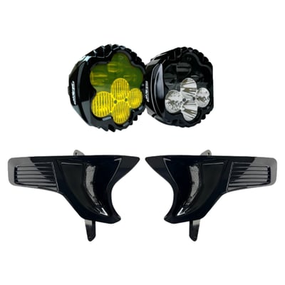 White headlamp / Yellow fog dual headlamp upgrade kit. 
This white/yellow combo kit includes a bright white, DOT compliant LED headlamp with a low beam of three projection-style LEDs and a high beam which adds four additional direct-reflective LEDs boasting an impressive 9080 raw/3216 effective lumens. 
An SAE compliant, selective yellow fog lamp provides an additional 8050 raw/2050 effective lumens and riding clarity like you’ve never experienced before. Lamp assemblies are completely sealed IP67, waterproof with polycarbonate lens and gloss black aluminum housing. 
Shark Demon LED headlamps offer high-performance illumination, specialized for motorcycle on road use with unmatched beam pattern and durability. 
Complete with non-illuminated vents. 
Note: Requires removal of OEM turn signals. 
Note: See the optional LED lighted turn signal vent inserts 719368 (amber turn & white run) or 719369 (selective yellow turn signal with selective yellow lens) for further upgrading your Road Glide. Note that these lighted vent inserts replace the stock non-illuminated vent inserts, they are compatible with the 720025 white / white headlamp kit and 720026 white headlamp / yellow fog lamp Custom Dynamics V2 Shark Demon headlamp kits only. 
Note: See 719370 for the optional Plug & Play Custom Dynamics load equalizer. Designed for used in combination with 720025 and 720026 V2 Shark Demon dual headlamp kits, which require the removal of the OEM turn signals. Prevents trouble codes. 
