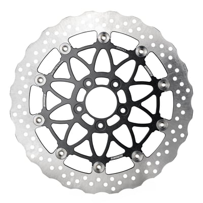 Oversized.
Stainless steel disc with black anodized carrier.
11.5" / 330mm O.D, 56.3mm I.D., 8.5mm (5/16") counterbored mounting holes with with 3.25" bolt circle hole. 5.0mm thick. Mount style 'B'.
Accossato brake rotors are precision machined high performance floating discs to fit standard 5-bolt H-D hubs. Perfect equipment for either a stock to high performance machines. Model year applications and OEM H-D part numbers are given for fitment reference only. All Accossato brake rotors are of the floating design and consist of a stainless steel brake disc with a black anodized lightweight aluminum carrier.
Note: For this brake rotor, that has a oversized (custom/larger than stock outer diameter) dimensions, please check mounting style detail to verify correct fitment.