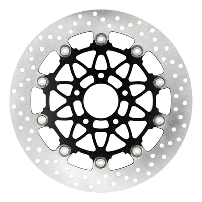 Stainless steel disc with black anodized carrier. 
11.8" / 300mm OD, 56.3mm ID, 10.5mm (3/8") counterbored mounting holes with 3.25" bolt circle. 5.0mm thick. Mount style 'B'. Repl. 41810-08B, 41810-08C. 
Accossato brake rotors are precision machined high performance floating discs to fit standard 5-bolt H-D hubs. Perfect equipment for either a stock to high performance machines. Model year applications and OEM H-D part numbers are given for fitment reference only. All Accossato brake rotors are of the floating design and consist of a stainless steel brake disc with a black anodized lightweight aluminum carrier. 