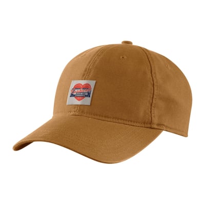 Medium-profile cap · Adjustable fit with hook-and-loop back closure · Pre-curved visor · Carhartt Heart Patch on front · Carhartt label on front · Woven Script Heart 1889 Label · Washed Canvas · 100% Cotton