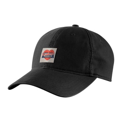 Medium-profile cap · Adjustable fit with hook-and-loop back closure · Pre-curved visor · Carhartt Heart Patch on front · Carhartt label on front · Woven Script Heart 1889 Label · Washed Canvas · 100% Cotton