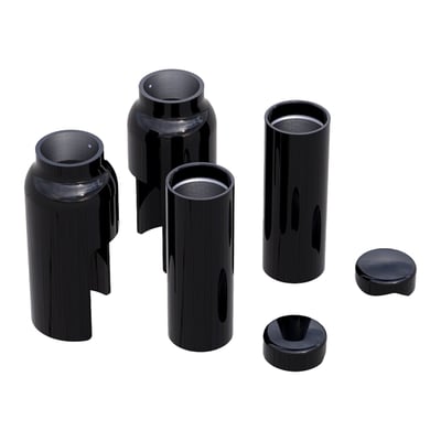 6-Piece, complete kit. (2x caps fork plugs, 2x stand pip cover above, 2x stand pipe cover below. CNC machined, Black coated