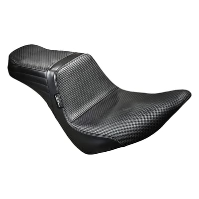 Rider seat: 12.25" wide, passenger seat: 7" wide. Basket Weave stitch upholstery. Built with LePera’s Marathon Foam on a steel base plate for maximum stability and comfort. With this Tailwhip LePera has taken the Kickflip a step further. The whipped tail improves passenger lower back support. That, combined with the unrivaled high arching back support for the rider makes this a serious in contender when it comes to a great mix of style and comfort.