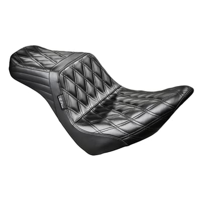 Rider seat: 12.25" wide, passenger seat: 7" wide. Double Diamond stitch upholstery. Built with LePera’s Marathon Foam on a steel base plate for maximum stability and comfort. With this Tailwhip LePera has taken the Kickflip a step further. The whipped tail improves passenger lower back support. That, combined with the unrivaled high arching back support for the rider makes this a serious in contender when it comes to a great mix of style and comfort.