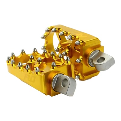 Machined from 6061 T6 Highly Durable and Light Weight Alloy, Pegs Can be Rotated Full 360 Degrees to Any Angle and Then Locked Down with the Included Stainless-Steel Hardware. Foot Pegs Have Our Exclusive Pitch Adjustment Hardware That Allows You to Change the Angle of the Foot Pegs to the Riding Position Preferred by the Rider. Replaceable Stainless-Steel Teeth (Cleats) 