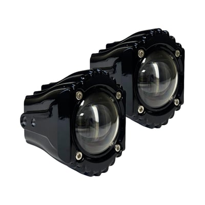 Upgrade your ride and own the night with Shark Demon® LED Fog Lights. These lights bring aggressive, industrial styling to your bike, perfectly complementing Shark Demon® headlights with signature fins and exposed screws for a bold, mechanical look. The gloss black aluminum housing delivers a sleek yet rugged aesthetic, combining lightweight strength and lasting durability with a high-end finish. Impact- and scratch-resistant polycarbonate lenses shield against road debris and tough riding conditions, keeping your lights crystal clear mile after mile.

Each pair delivers a powerful 4140 raw lumens (2080 effective lumens), flooding the road with brilliant light to dramatically enhance nighttime visibility and riding safety. Choose your ideal beam: crisp, daylight white (5800-6500K, clear lens) for unmatched clarity in city riding or clear weather, or selective yellow (2900-3100K, yellow lens) to cut through fog, rain, and snow by reducing glare and boosting contrast. Shark Demon® LED Fog Lights are fully SAE and ECE compliant for on-road use, and the IP67 waterproof rating ensures they're sealed tight against water and dust for all-weather reliability. The adjustable beam design provides flexible vertical or horizontal mounting, letting you direct light exactly where you need it most.

Installation is effortless with the included plug-and-play wiring harness—achieve a clean, tool-light setup in no time, right under your seat with integrated on/off switch with 5 ft wire length for operation. Plus, with a wide range of compatible mounting solutions available (sold separately), these lights securely fit virtually any Harley-Davidson®. Combining bold style, advanced engineering, and road-tested performance, Shark Demon® LED Fog Lights are the ultimate upgrade for riders who demand more. Patents pending.