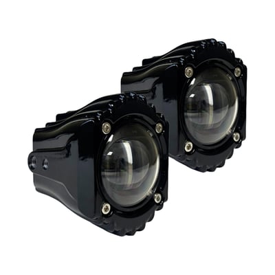 Upgrade your ride and own the night with Shark Demon® LED Fog Lights. These lights bring aggressive, industrial styling to your bike, perfectly complementing Shark Demon® headlights with signature fins and exposed screws for a bold, mechanical look. The gloss black aluminum housing delivers a sleek yet rugged aesthetic, combining lightweight strength and lasting durability with a high-end finish. Impact- and scratch-resistant polycarbonate lenses shield against road debris and tough riding conditions, keeping your lights crystal clear mile after mile.

Each pair delivers a powerful 4140 raw lumens (2080 effective lumens), flooding the road with brilliant light to dramatically enhance nighttime visibility and riding safety. Choose your ideal beam: crisp, daylight white (5800-6500K, clear lens) for unmatched clarity in city riding or clear weather, or selective yellow (2900-3100K, yellow lens) to cut through fog, rain, and snow by reducing glare and boosting contrast. Shark Demon® LED Fog Lights are fully SAE and ECE compliant for on-road use, and the IP67 waterproof rating ensures they're sealed tight against water and dust for all-weather reliability. The adjustable beam design provides flexible vertical or horizontal mounting, letting you direct light exactly where you need it most.

Installation is effortless with the included plug-and-play wiring harness—achieve a clean, tool-light setup in no time, right under your seat with integrated on/off switch with 5 ft wire length for operation. Plus, with a wide range of compatible mounting solutions available (sold separately), these lights securely fit virtually any Harley-Davidson®. Combining bold style, advanced engineering, and road-tested performance, Shark Demon® LED Fog Lights are the ultimate upgrade for riders who demand more. Patents pending.