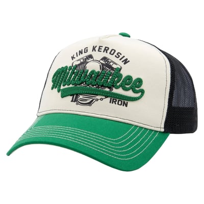 This King Kerosin trucker cap is all about the V-Twin legend. The printed engine block is overlaid with a striking "Milwaukee" logo in bold 3D embroidery, a design that's sure to get any biker's heart racing. The classic color combination of off-white, green, and black perfectly captures the vintage character. The curved visor with distinctive contrast stitching completes the look, while the breathable mesh back and snapback closure ensure a comfortable and secure fit. A cap that combines gasoline in your veins with style on your head.

• King Kerosin Cap with embroidery and print
• Bold "Milwaukee" 3D embroidery with engine graphic in the background
• High-contrast look in off-white, green, and black
• Durable visor with distinctive stitching
• Mesh back for comfortable ventilation