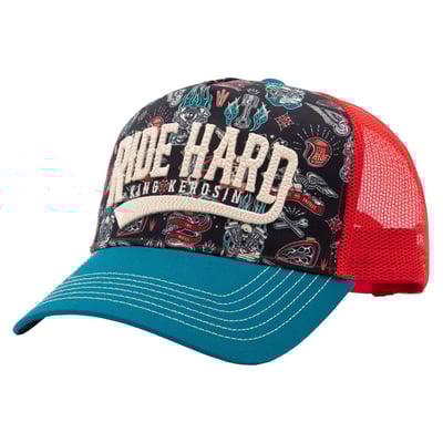 Got gasoline in your veins and no time for subtlety? Then this King Kerosin cap is just what you're looking for. The "RIDE HARD" 3D embroidery delivers the message right on your baseball cap, loud, honest, and uncompromising. Skulls, flames, and pistons celebrate a true Kustom Kulture festival on an all-over black print. The red mesh back provides a refreshing breeze on long rides, while the turquoise visor completes the look. And the artwork continues on the underside.

• King Kerosin cap with all-over print on the front
• 3D embroidery with a powerful "RIDE HARD" statement
• All-over print in Kustom Kulture style with flames, skulls, and more
• Red mesh insert for ventilation
• Visor with contrasting color and print on the underside