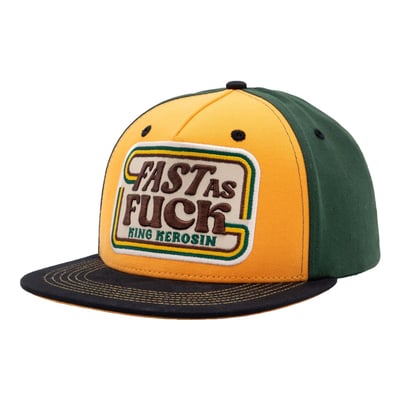 "Fast as Fuck" is prominently displayed as a large embroidered patch on the front, making it immediately clear what this cap is all about: speed, directness, and no detours. The King Kerosin cap combines a classic flat-brim shape with a striking panel design and an eye-catching statement. Contrasting stitching on the visor, a woven King Kerosin label on the side, and a printed underbrim with lettering add further details. Thanks to the snapback closure, the cap is adjustable and will accompany you from car meets to road trips and into everyday life.

• Retro-style flat-brim cap by King Kerosin
• Large embroidered front patch with the "Fast as Fuck" statement
• Classic flat-brim shape with a textured front
• King Kerosin labels on the sides and inside
• Printed underbrim with additional lettering
• 100% cotton
• Snapback closure