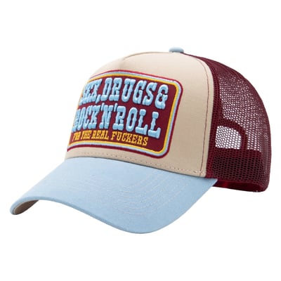 Sometimes a saying says more than a thousand words and that's exactly what this trucker cap is all about. The look is relaxed, the presence confident. The structured front gives the cap its shape, while the mesh back ensures comfortable breathability for everyday wear. A large 3D embroidered patch on the front with the slogan "Sex, Drugs & Rock'n'roll, For the Real Fuckers" gives the design its distinctive character. The style is completed by the curved visor with decorative stitching. Inside, you'll find branded seam tape with the King Kerosin logo, and the front embroidery is lined with fabric on the inside.

• Large 3D embroidered patch with a bold slogan
• Classic curved visor in trucker style
• Mesh back for comfortable everyday wear
• Adjustable snapback closure for a flexible fit
• Front: 100% Cotton. Mesh: 100% Polyester
• Snapback closure