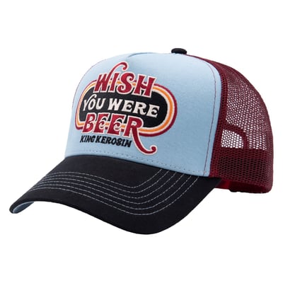 A tongue-in-cheek slogan meets classic trucker style. This King Kerosin cap perfectly captures laid-back vibes while remaining comfortable for everyday wear. The structured front ensures shape retention, while the mesh back provides excellent breathability. A high-quality 3D embroidered patch on the front with the slogan "Wish You Were Beer" adds a playful touch to the design. The look is completed by the curved brim and a King Kerosin label on the side. Inside, branded seam tape with the King Kerosin logo is used, and the front embroidery is lined with fabric. The cap features branded seam tape with the King Kerosin logo, and the front embroidery is lined with fabric. 

• King Kerosin Trucker Cap with a humorous statement design
• Large 3D embroidered patch with the slogan "Wish You Were Beer"
• Classic curved visor in trucker style
• Breathable mesh panels for a breezy feel
• Adjustable size thanks to the classic snapback closure
• Front: 100% Cotton. Mesh: 100% Polyester
• Snapback closure