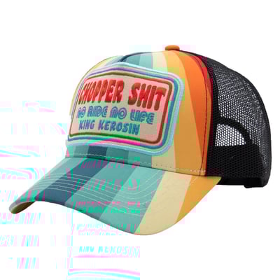 Colorful stripes, chopper attitude, and a clear sense of style. This King Kerosin trucker cap instantly adds a dynamic touch to any look. The large front patch with high-quality embroidery makes a confident statement and is perfectly complemented by the striking striped design. The classic curved visor emphasizes the typical trucker character and surprises with a large print on the underside that seamlessly continues the design. The mesh back ensures comfortable airflow, while branded King Kerosin seam tape on the inside completes the premium feel. A cap for everyone who wants to show their true colors and celebrate the chopper lifestyle.

• King Kerosin trucker cap with vibrant chopper style
• Large front patch with high-quality embroidery
• Curved visor in classic trucker style
• Mesh back for breathable comfort
• Snapback closure for a flexible, individual fit
•  Front: 100% cotton. Mesh: 100% Polyester
• Snapback closure