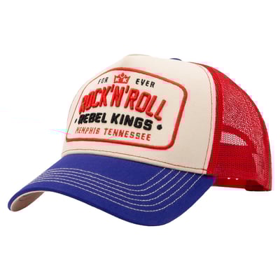 King Kerosin is all about making a statement and this trucker cap delivers just that. The "Rock'n'roll Rebel Kings, Memphis Tennessee" patch with 3D embroidery dominates the front, perfectly capturing the spirit of amplifiers, asphalt, and long nights. Bold color contrasts, the pre-curved visor, and the breathable mesh back create a look that stands out without being flashy. Thanks to the snapback closure, the cap fits perfectly: effortlessly, securely, and always ready for your next road trip. No frills, no compromises, just pure rock 'n' roll.

• King Kerosin Trucker Cap with 3D Front Embroidery
• Intricately crafted front embroidery with a three-dimensional look
• Classic color-block design with strong contrast
• Breathable mesh back for comfortable wear
• Pre-curved visor with decorative stitching for classic trucker style
•  Front: 100% Cotton. Mesh: 100% Polyester
• Snapback closure
